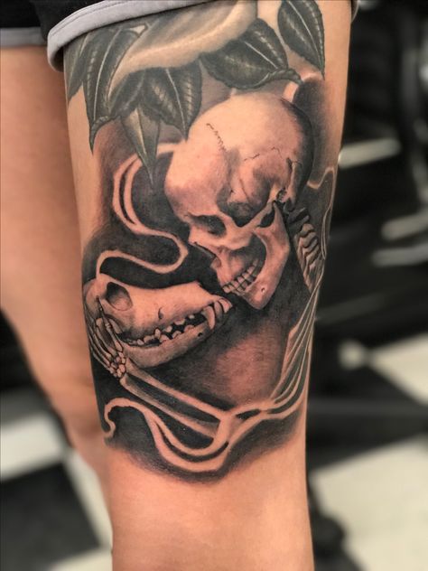 Artwork by Rodrigo Molina, Goodfellas tattoo, orange CA. Human skull and dog skull. Human And Dog Skeleton Tattoo, Pitbull Skull Tattoo, Pug Skull Tattoo, Dark Dog Tattoo, Scary Dog Tattoo, Skull Memorial Tattoo, Dog Chest Tattoo, Dog Bone Tattoo, Dog Skeleton Tattoo