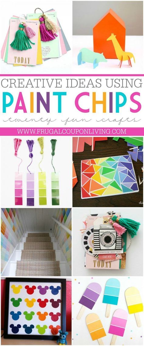 Take a look at these Paint Chip Ideas to make the perfect Paint Chip Crafts! Paint strips can make the most perfect and free craft for kids. Details on Frugal Coupon Living. #paintchipart Paint Samples Crafts, Chip Ideas, Paint Chip Cards, Paint Chip Crafts, Paint Chip Art, Chip Art, Art Projects For Kids, Paint Chip, Wine Bottle Diy Crafts