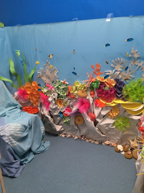 Coral reef display diy Coral Reef Display, Coral Classroom Decor, Coral Reef Mural, Classroom Window Display, Zoomerang Vbs, Ocean Vbs, Scuba Vbs, Sea Wall Decor, Shark Silhouette