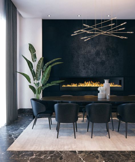 Wrong colours, but love light, feature wall fireplace - chairs maybe (perhaps too corporate?) Plant Homes, Black Homes, Design Interior Modern, Mid Century Dining Room, Dining Suites, Modern Lights, Black Chairs, Dining Room Design Modern, Desain Pantry