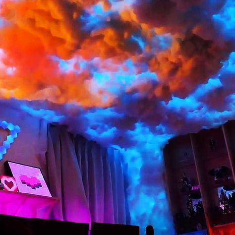 Gaming Room Ceiling, Led Cloud Lights, Led Clouds, Led Lights Party, Retro Room Ideas, Cloud Decor, Baddie Room, Sticks Diy, Sky Ceiling