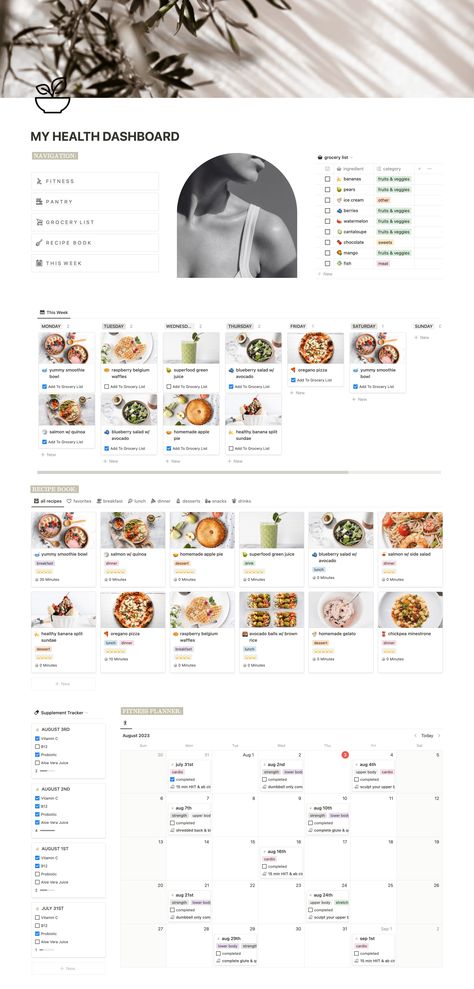 aesthetic notion template Meal Plan Notion Template, Notion Health Template, Notion Workout Template, Notion Meal Planner, Notion Inspiration, Nutrition Planner, Notion Inspo, Notion Ideas, Workout Tracker