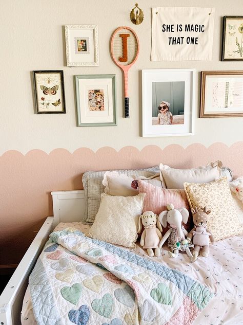 How to Update Your Playroom With This Easy DIY Scallop Wall — happy little homebodies Scallop Accent Wall Paint, Two Tone Scallop Wall, Toddler Girl Bedroom Wall Decor, Wallpaper On Half Wall, Painting Scallops On Wall, Girls Room Scalloped Wall, Pink Scallop Wall Nursery, Scallop Accent Wall, Scalloped Accent Wall