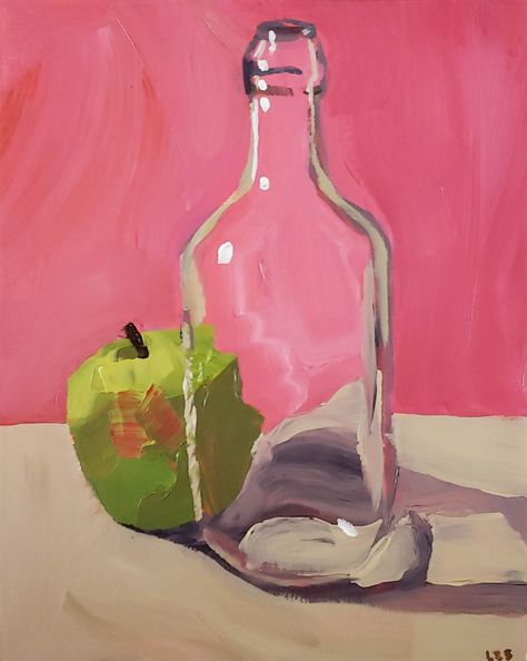 Original acrylic painting of an apple and a glass bottle. Glass Still Life Painting, Painting Of Bottle, Glass Container Painting, Painting Of Glass Objects, Glass Containers Art Igcse, Glass Containers Art, Glass Bottle Acrylic Painting, Acrylic Painting Objects, Glass Bottle Illustration