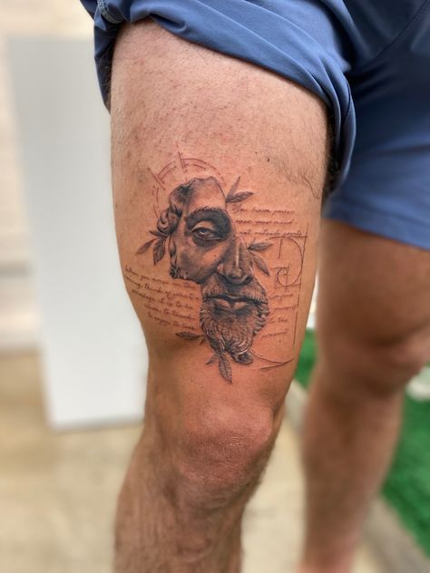 Male Greek Tattoos, Atlas Calf Tattoo, Male Arm Tattoo Ideas, Mens Tattoo Styles, Tattoo Ideas For Men Greek Mythology, Biblical Imagery Tattoos, Men’s Calf Sleeve Tattoo Ideas, 7 Days Of Creation Tattoo, Quad Men’s Tattoos