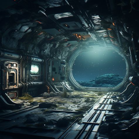 an 8k super hi resolution cinematic style photo of a liminal space in an abandoned space station in deep space. #nft #AI #art #painting #nftartist #AIartgallery #DigitalArt #artwork #AIart #generativeart #GenerativeAI #artwork #artist #artistsofinstagram Sci Fi Scenery, Derelict Space Station, Abandoned Spaceship Interior, Alien Cinematography, Dnd Alien, Derelict Spaceship, Abandoned Spaceship, Sci Fi Environment Concept Art, Dnd Space