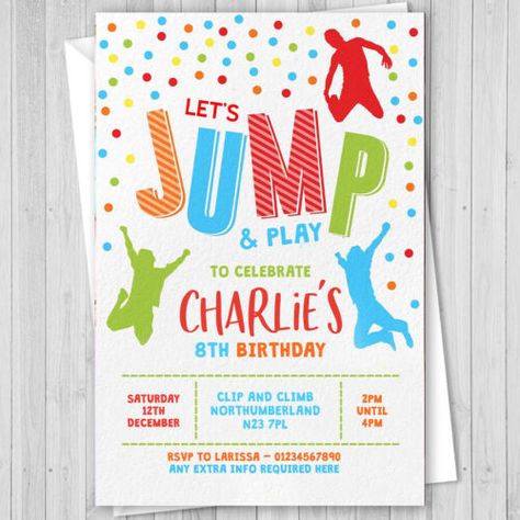 PERSONALISED JUMP BIRTHDAY PARTY INVITATIONS INVITES TRAMPOLINE 10 + envelopes | eBay Jump Birthday Party Invitations, Jump Birthday Party, Trampoline Birthday Invitations, Trampoline Birthday Party, Sports Birthday Invitations, Birthday Party At Park, Sports Theme Birthday, Park Birthday, Birthday Clips