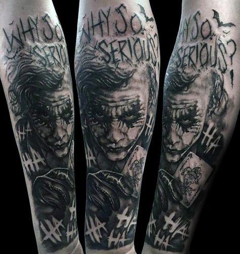 50 Cool Joker Tattoos for Guys The Joker Tattoo, Batman Tattoo Sleeve, Batman Joker Tattoo, Tato Joker, Joker Tattoos, Tattoo Bras Homme, Black Men Tattoos, Joker Tattoo Design, J Tattoo