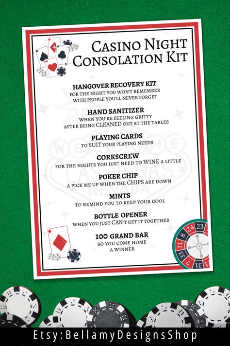 These Casino Night Consolation Kit Gift Tags are a fun and creative accent for your upcoming casino themed event. #bellamydesigns #bellamydesignsshop #casinonight #casinonightparty #casinopartyfavor #pokerparty #pokerpartyfavor #casinonightconsolationprize #casinonightconsolation #casinoprintable #casinonightprintable #consolationkit #pokergamblinggift #casinopartytheme #girlsnightout #fundraiserfavor #casinonightfundraiser #casinonightgoodybag #lasvegastheme #atlanticcitytheme #montecarlotheme Casino Party Favors For Adults, Casino Theme Favors, Casino Party Favors Ideas, Casino Night Prize Ideas, Casino Night Prizes, Casino Theme Party Favors, Casino Night Fundraiser Ideas, Casino Night Games, Casino Theme Party Games