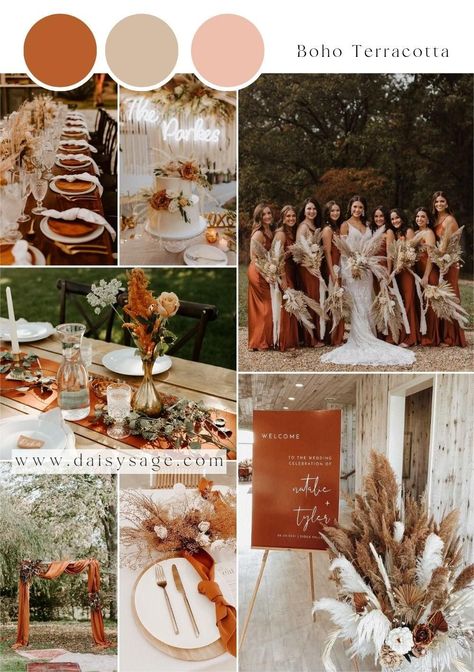 Boho Terracotta Wedding Color Scheme Autumn Wedding Theme Color Schemes, Sage Green And Terracotta Wedding, Wedding Color Theme Ideas, Terracotta Wedding Color, Boho Terracotta Wedding, Fall Wedding Planning, Terra Cotta Wedding, Boho Wedding Colors, Wedding Theme Color Schemes