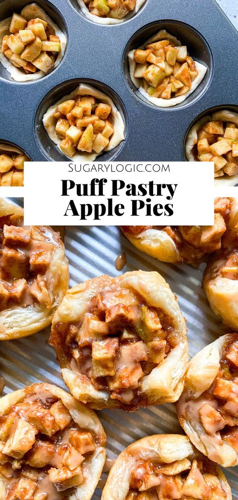 Discover the secret to making apple pies in a muffin tin! These mini apple pies are made from store-bought puff pastry and a fresh apple filling. They are quick to assemble in a cupcake pan and bake even faster. The flaky crust is buttery, while the apple filling is tart and sweet. Enjoy one fresh out of the oven! Mini Pies Easy, Easy Mini Apple Pies, Apple Recipes With Puff Pastry, Apple Pie Pastry, Puff Pastry Apple Pie, Apple Pie Tarts, Mini Apple Pie Recipe, Apple Dessert Recipes Easy, Puff Pastry Recipes Dessert