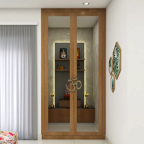 Pooja Room Design With Doors, Compact Mandir Designs, Pooja Room Design Small Spaces, Aristo Wardrobe, Small Pooja Room Ideas, Pooja Shelf, Navkar Mantra, Mandir Door, Indian Living Room Design