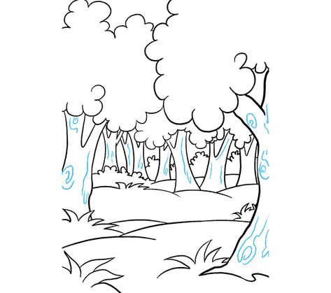 How to draw a cartoon forest Step: 19 Forest Outline Drawing, Easy Forest Sketch, Forrest Drawing Simple, Easy Forest Drawings, How To Draw Forest, How To Draw A Forest, A Forest Drawing, Simple Forest Drawing, Forest Drawing Simple