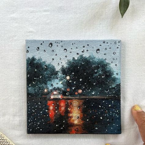 Anju | gouache,acrylics on Instagram: "A rainy day 🌧 😍 Acrylic on 4*4 inches canvas board #explorepage #explore #explorepage✨ #raindrops #citypainting #acrylicpainting #minipainting #acryliconcanvas" Painting Of Rainy Day, 4×4 Canvas Painting, Mini Canvas Acrylic Paintings, Raindrops Painting, Rainy Painting, Rainy Day Painting, Rainy Day Art, City Paintings, Drawing Collage