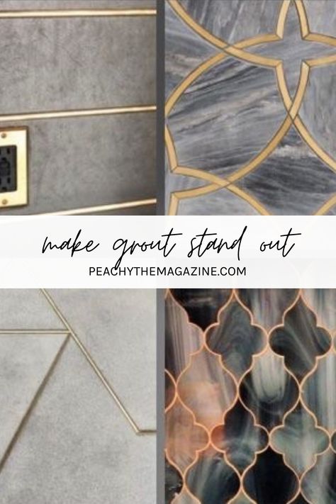 Dare to be different and make your grout stand out! At Pickard Design Studio they are known for mixing metals in their interiors. A favorite combination is metallic satin gold grout with classic Calacatta marble. The bold contrast of grout against the tile creates a sophisticated yet unexpected design element. #makeyourgroutstandout #metallicgrout #interiordesign Metallic Grout Gold, White Subway Tile Gold Grout, Gold Grout Kitchen, Blue Tile Gold Grout, Copper Grout White Tile, Gold Grout Bathroom, Gold Grout Backsplash, Tile With Gold Grout, Copper Grout