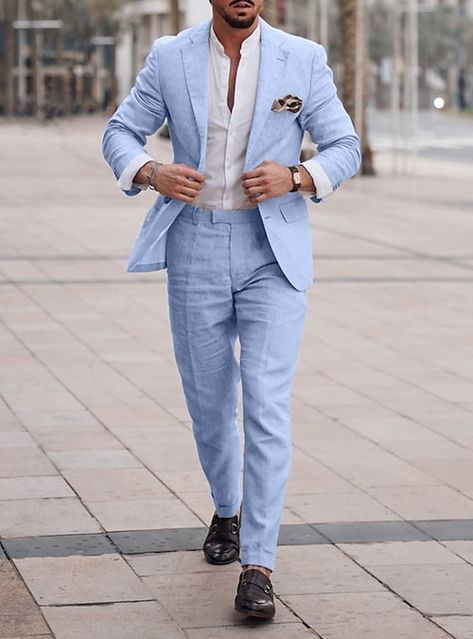 Summer Wedding Outfits Men, Men Linen Suit, King Magnifico, Katb Ketab, Wedding Guest Men, Blue Linen Suit, Linen Suits For Men, Summer Wedding Suits, Light Blue Suit