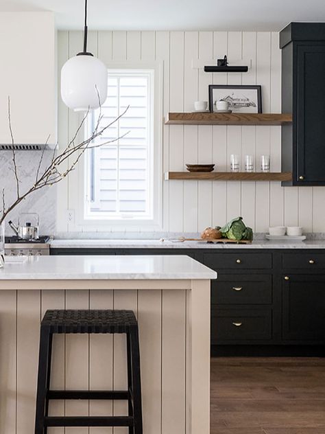 Black Kitchen Cabinets With White Shiplap Walls, Coastal Kitchen Black Cabinets, Neutral Beadboard, Beadboard On Kitchen Island, Kitchen Cabinets With Beadboard, Bead Board Backsplash Kitchen Ideas, Black Beadboard Kitchen, Black Beadboard Backsplash, Beadboard Backsplash Kitchen