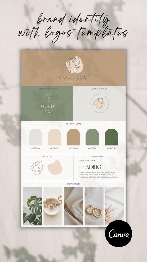 Brand Identity Canva Templates. Premade Boho Canva Color Palette, Elegant Logos, Brand Identity Colors, Green Branding, Boho Logo Design, Brand Board Template, Instagram Branding Design, Jewelry Logo Design, Brand Palette