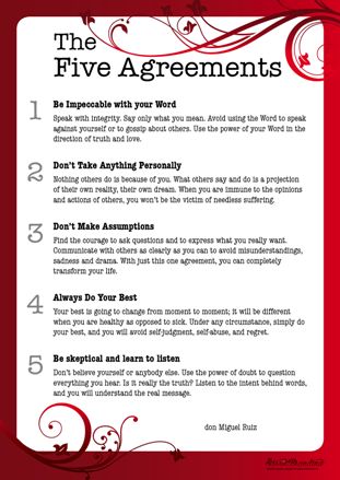 The Four Agreements and the follow-up book, The Fifth Agreement by Don Miguel Ruiz and Don Jose Ruiz is probably one of the most familiar contemporary New Thought books read today. Many of the ‘agreements’ are frequently quoted in articles and talks when describing attributes to follow for a fulfilling life. But, have you ever… More Five Principles of Unity Parallel Toltec Agreements, Part 5 The Five Agreements, Toltec Wisdom, The Four Agreements, Personal Values, Spiritual Tools, Up Book, Self Development, The Four, Wisdom Quotes