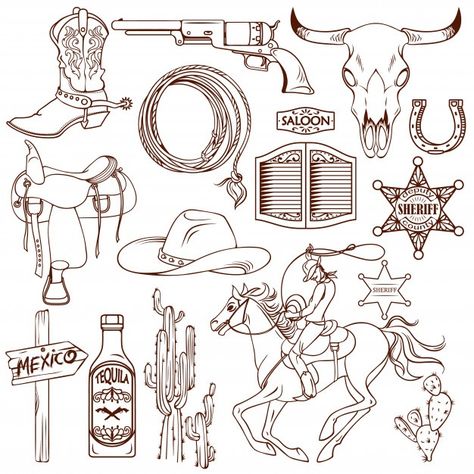 Wild west monochrome set | Free Vector #Freepik #freevector #star #hand #hand-drawn #skull Cowgirl Tattoos, Cowboy Tattoos, Country Tattoos, Cowboy Design, Western Tattoos, Theme Tattoo, Cowgirl Art, Tattoos Geometric, Horse Tattoo