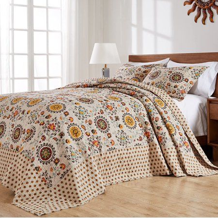 Create a Mid-Century Modern vibe in your bedroom with this Greenland Home Fashions Andorra bedspread set. Suzani medallions and floral crests adorn this 100% cotton bedspread set. Reverses to an all-over foulard print that also acts as a decorative border around the face. Each set comes with floor-length bedspread and two pillow shams. The Queen set comes with two standard pillow shams and the King set comes with two King-sized pillow shams. Pillow shams feature envelope opening on reverse with Lace Window, King Quilt Sets, Cotton Quilt Set, Queen Bedspread, Cotton Bedspread, Quilted Sham, Bedspread Set, Quilted Bedspreads, King Quilt