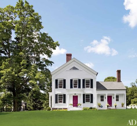 Greek Revival Farmhouse, White Exterior Paint Colors, Exterior Paint Color Combinations, Christopher Spitzmiller, Vermont House, White Exterior Paint, Greek Revival Home, White Exterior Houses, Black Shutters