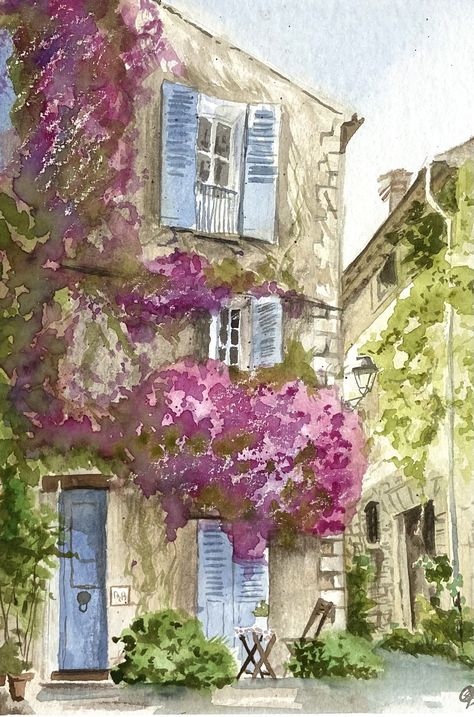 Provence Watercolor Paintings, France Watercolor Painting, Garden Watercolour Painting, France Aesthetic Drawing, French Watercolor Paintings, French Countryside Painting, French Art Paintings, Southern France Aesthetic, European Watercolor