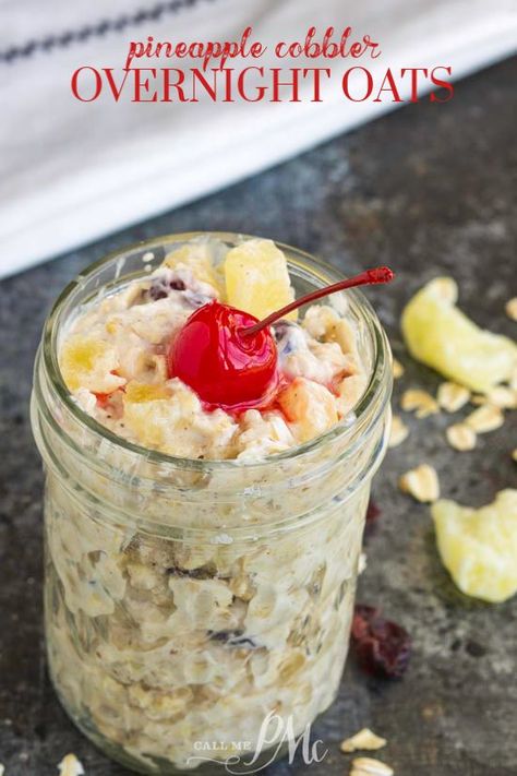 best pineapple cobbler overnight oats in jar recipe from Call Me PMc Pineapple Cobbler, Overnight Oats Recipe Easy, Sleeve Recipes, Best Overnight Oats Recipe, Oat Recipes, Bariatric Sleeve, Oat Recipes Healthy, Breakfast Oatmeal, Overnight Oats Recipe Healthy