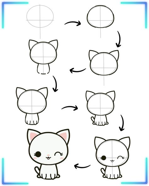 Easy cute cat Cat Drawing Easy Step By Step, Cute Easy Drawings Kawaii, Cute Cat Drawing Step By Step, Cat Drawing Simple Easy Cute, Simple Cat Drawing Step By Step, How To Draw Kittens, How To Draw Kawaii Step By Step, Cute Easy Cat Drawings, Kresby Cute Easy