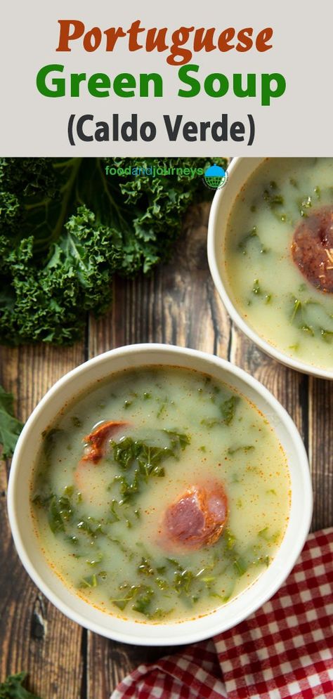 Here's another flavorful addition to your cold-weather soup list -- Portuguese Green Soup (locally known as Caldo Verde). The best part? I bet you already have all the ingredients in your kitchen right now. So, check it out! Portugese Kale Soup, Caldo Verde Recipe, Verde Soup, Collard Green Soup, Portuguese Kale Soup, Portuguese Soup, Kale Soup Recipes, Green Soup, Pureed Soup