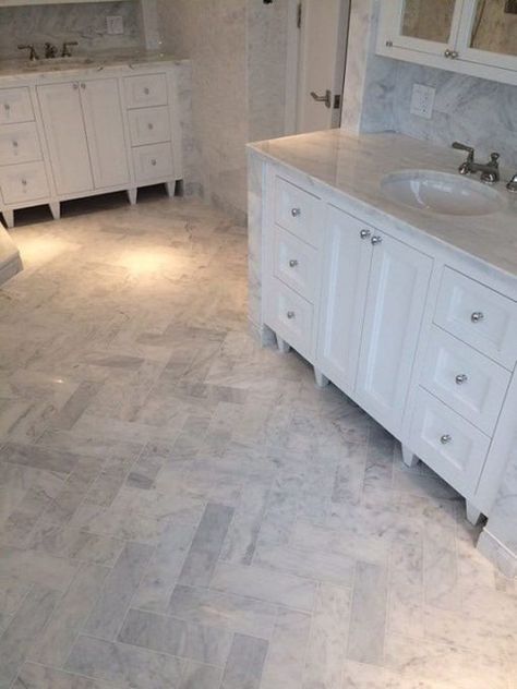 Masterbathroom Ideas, Subway Floor Tile, Carrara Bathroom, Marble Herringbone Floor, Herringbone Bathroom, Honed Marble Floor, Carrara Marble Bathroom, Small Ensuite, Marble Carrara