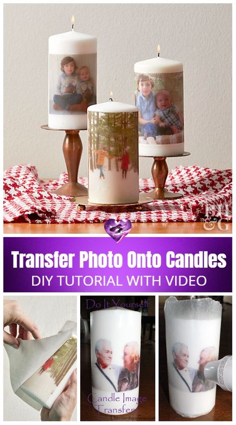 How to Transfer Photo Onto Candles DIY Tutorial Candle Image Transfer, Candle Transfer, Personalized Candles Diy, Diy Photo Candles, Water Candles Diy, Transférer Des Photos, Diy Candles Easy, Homemade Scented Candles, Candle Images