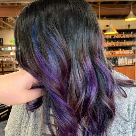 Purple Blue Highlights Brown Hair, Fantasy Color Highlights, Blue And Purple Streaks In Hair, Blue And Purple Hair Highlights, Blue And Purple Highlights, Hairstyle With Butterfly Clips, Hairstyle With Butterfly, Purple Highlights Brown Hair, Blue Hair Streaks