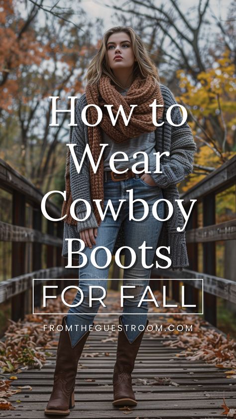 a woman wears cowboy boots for fall, western outfits Cowboy Boots Fall 2024, Western Chelsea Boots Outfit, Styling Cowboy Boots Women Casual, Jeans With Cowboy Boots For Women, Casual Outfit Cowboy Boots, Tights And Cowboy Boots Outfit, Ways To Wear Cowboy Boots, Woman’s Cowboy Boots, Women’s Casual Outfit With Cowboy Boots