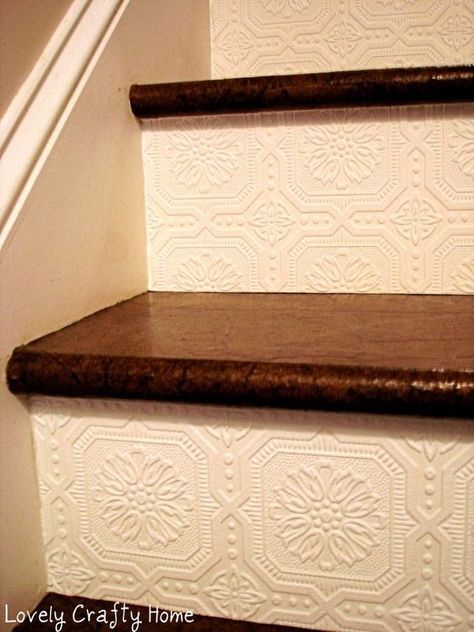 Textured Wallpaper Stair Riser 1 Stairs Makeover Ideas, Farmhouse Stairs, Basement Stairs Ideas, Wallpaper Stairs, Stair Makeover, Architecture Restaurant, Stairs Makeover, Staircase Remodel, Paintable Wallpaper