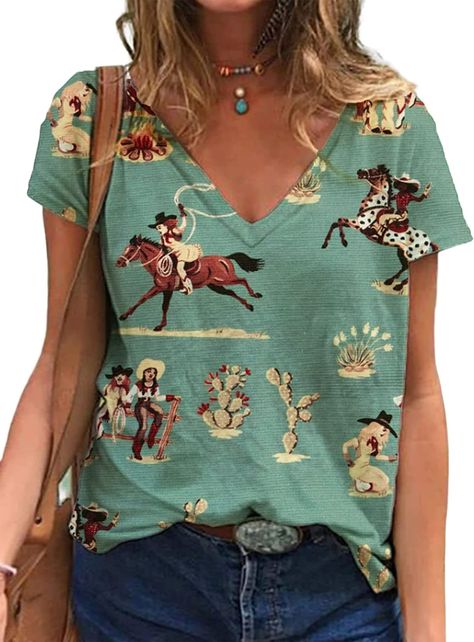 Cowgirl Horse, Cactus Pattern, Shirt Blouses Women's, Hipster Style, Desert Cactus, Short Sleeve Pattern, Sleeve Pattern, Sleeve Fashion, Horse Print