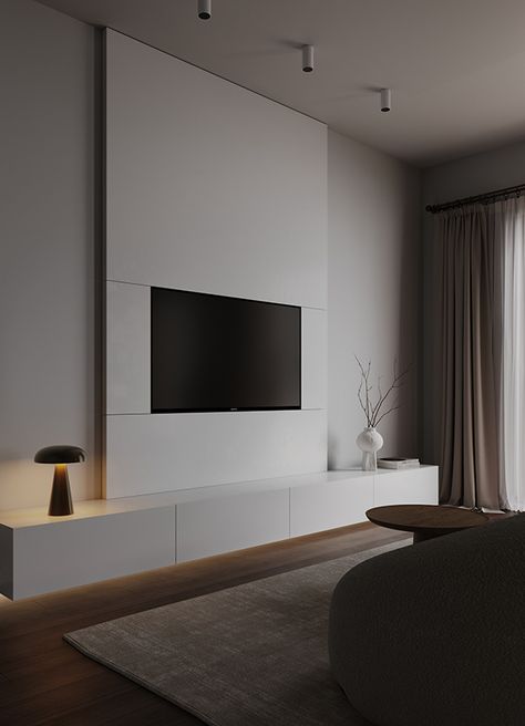 Valeria Mosolova on Behance Smart Tv Wall Design, Minimal Tv Wall Design, Minimal Tv Unit Design, Bedroom Tv Console, Minimal Tv Unit, Minimal Interior Living Room, Casa Minimal, Tv Wall Bedroom, Minimalism Living Room