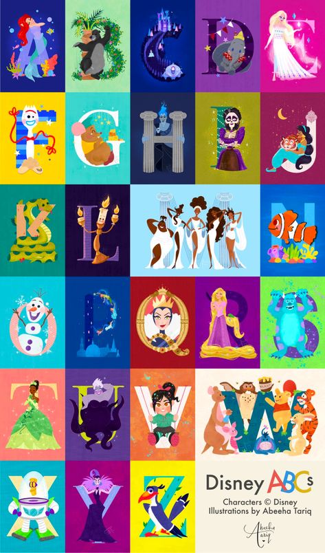 Disney Characters Letters, Disney Character Names, Alphabet Disney, Illustration Alphabet, Disney Names, Disney Letters, Disney Alphabet, Abc Art, Disney Font