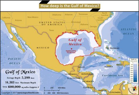 The average depth of the Gulf of Mexico is 5,299 feet and the maximum depth is estimated to be 14,383 feet. The Gulf of Mexico has a maximum width of 932.06 miles and a surface area of approximately 600,000 square miles. It comprises a volume of around 2,500 quadrillions liters. The deepest part of the Gulf of Mexico is Sigsbee Deep, which has an estimated depth of around 14,383 feet. The Gulf Stream originates here, and it is one of the strongest ocean currents in the world. Read on for more Map Tattoo, Mexico Map, Baltic Countries, The World Map, Map Tattoos, North America Map, Landlocked Country, Japan History, America Map