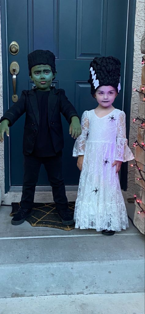 Frankenstein And Frankenstein Bride Costume, Frankenstein Costume Kids Diy, Kid Frankenstein Costume, Toddler Frankenstein Costume Diy, Frankenstein Toddler Costume, Frankenstein Family Costume Ideas, Frankinstine And His Bride Costume, Kids Frankenstein Costume Diy, Halloween Costumes For Brother Sister