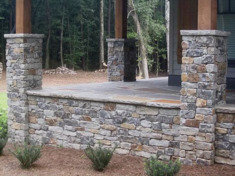 A job our company, Pyramid Stone & Brick Distributors, did. Take a look at the block work! That's what we specialize in for your commercial or residential needs! Visit our website: www.pyramid-stone.com #stone #outdoor #house #home #exterior #stonehouse #porch #patio #blockwork #stonework #country #cabin #outdoors #rustic Exterior Stone Veneer, Stone Veneer Exterior, Stone Porches, Natural Stone Veneer, Porch Columns, Stone Pillars, Sample Board, Stone Siding, Brick Patios