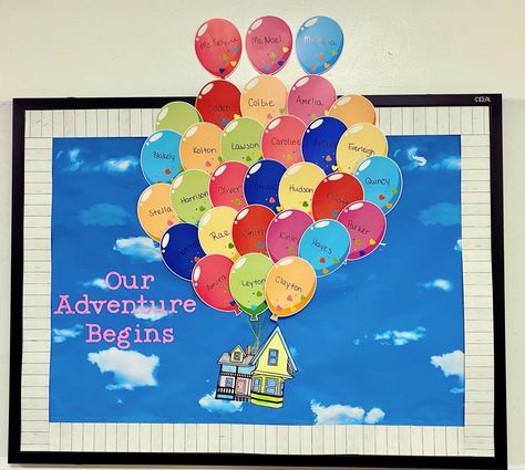 Ar Goals Bulletin Board Ideas, Beginning School Year Bulletin Boards, Disney Up Bulletin Board, Up Themed Bulletin Board Ideas, New School Year Bulletin Board Ideas, Up Theme Bulletin Board, Preschool Beginning Of The Year Bulletin, Bulletin Board Ideas Beginning Of Year, Disney Bulletin Boards Classroom Themes