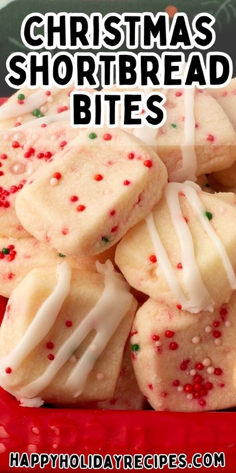 Christmas shortbread bites in a red container. Cookie Exchange Packaging, Chirstmas Gifts, Shortbread Bites, Christmas Cookie Recipes Holiday, Shortbread Cookies Christmas, Cookie Bites, Christmas Shortbread, Christmas Cookie Exchange, Recipes Christmas