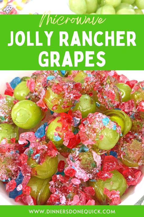 Looking for a sweet and crunchy snack? Use some microwave magic to make irresistible Jolly Rancher grapes in just a few minutes! These fruity delights are sure to satisfy your cravings. ✨🍇 #DinnersDoneQuick #HowtoMakeJollyRancherGrapes #JollyRancherGrapes #JollyRancherCandyGrapes #JollyRancherCoveredGrapes #CandiedGrapesJollyRancher #JollyRancherCoatedGrapes #Grapes #CandiedGrapes #JollyRancher #CandiedFruit #HowtoMakeCandiedFruit #HowtoMakeCandiedGrapes Candied Jolly Rancher Grapes, Sour Snack Ideas, How To Make Candy Grapes With Jolly Ranchers, Easy Candy Grapes, Candied Grapes Recipes Jolly Rancher, Jolly Rancher Covered Fruit, Ragtag Candy, Jolly Rancher Candy Grapes, Jolly Rancher Grapes Recipes