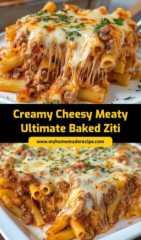 This Creamy Cheesy Meaty Baked Ziti is loaded with rich sauce, ground meat, ricotta, and plenty of melted cheese. It’s a hearty, comforting dish that’s perfect for family dinners or gatherings. Easy to make and even better to eat! #BakedZiti #CheesyBakedZiti #ComfortFood #EasyPastaRecipes #FamilyDinner Italian Ziti Recipes, Baked Ziti With Mushrooms, Pasta Recipes Ziti, Ziti Recipes With Cream Cheese, Baked Ziti Make Ahead, The Best Baked Ziti Ever, Easy Dinner Recipes With Ground Meat, Meaty Casseroles Comfort Foods, Meal Ideas Using Ground Beef