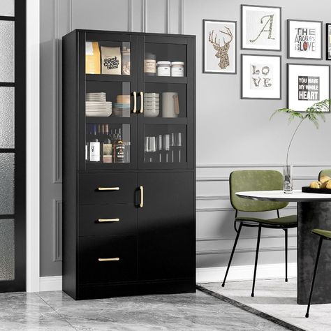 Tall Storage Cabinet with 2 Glass Display Door & Shelves & 3 Drawer, 67"H Tall Kitchen Pantry Modern Linen Cabinet, Tall Kitchen Pantry Cabinet, Tall Storage Cabinet, Glass Display Cabinet, Tall Kitchen, Furniture Storage Cabinets, Glass Cabinets Display, Kitchen Pantry Cabinets, Door Shelves