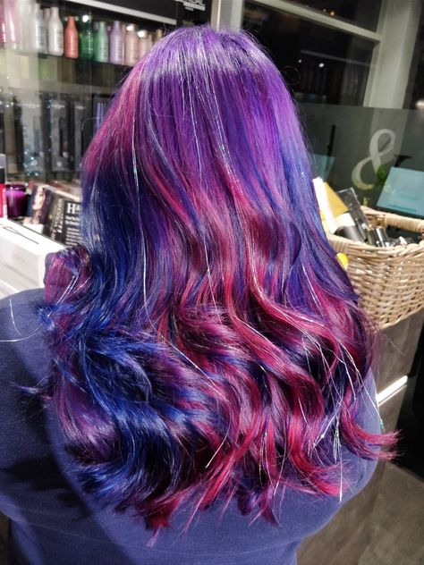 Galaxy hair with hair dazzles Galaxy Purple Hair, Spectra Hair Dye, Twilight Sparkle Hair Color, Twighlight Sparkle Hair, Space Hair Color, Mlp Inspired Hair, Twilight Sparkle Hair Dye, Twilight Sparkle Hair, Prism Hair Color