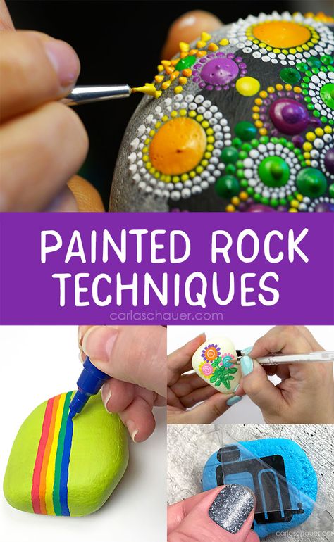 Rock painting techniques and tricks to make decorating stones. Brush dotting, paint markers, freehand drawing, stencils, and other ways to decorate rocks. Tutorials from Carla Schauer Studio #rockpainting #stonepainting #techniques #how-to #paintrocks #paintedrocks #paintstones #painting #rockcraft #kidcraft #adultcraft #mandala #stencil #drawing Rock Painting Templates, Displaying Painted Rocks, Rock Painting Techniques, Rock Painting Patterns Templates, How To Paint Rocks For Outside, How To Paint Rocks Step By Step, Rock Painting Tutorial Step By Step, Decorate Rocks, Rock Painting Tutorials