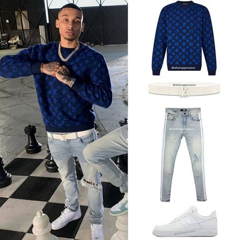 What Rappers Wore on Instagram: “#Throwback to @fredo wearing a @louisvuitton sweater and belt with @amiri jeans and @nikelondon sneakers.…” Amiri Jeans Outfit Men, Amiri Jeans, Sweater Outfits Men, Nike Force 1, Jeans Outfit Men, Outfits Con Jeans, Rapper Outfits, Drip Outfit Men, Swag Outfits Men