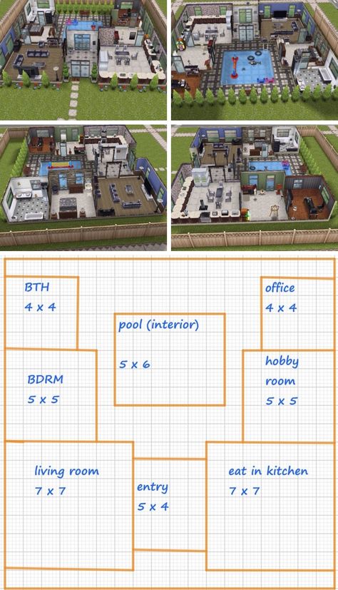 One Story House Design, Casas The Sims Freeplay, Shaped House, One Story House, Sims Freeplay Houses, Sims Free Play, Bangunan Minecraft, Sims 4 House Plans, Sims 4 House Building